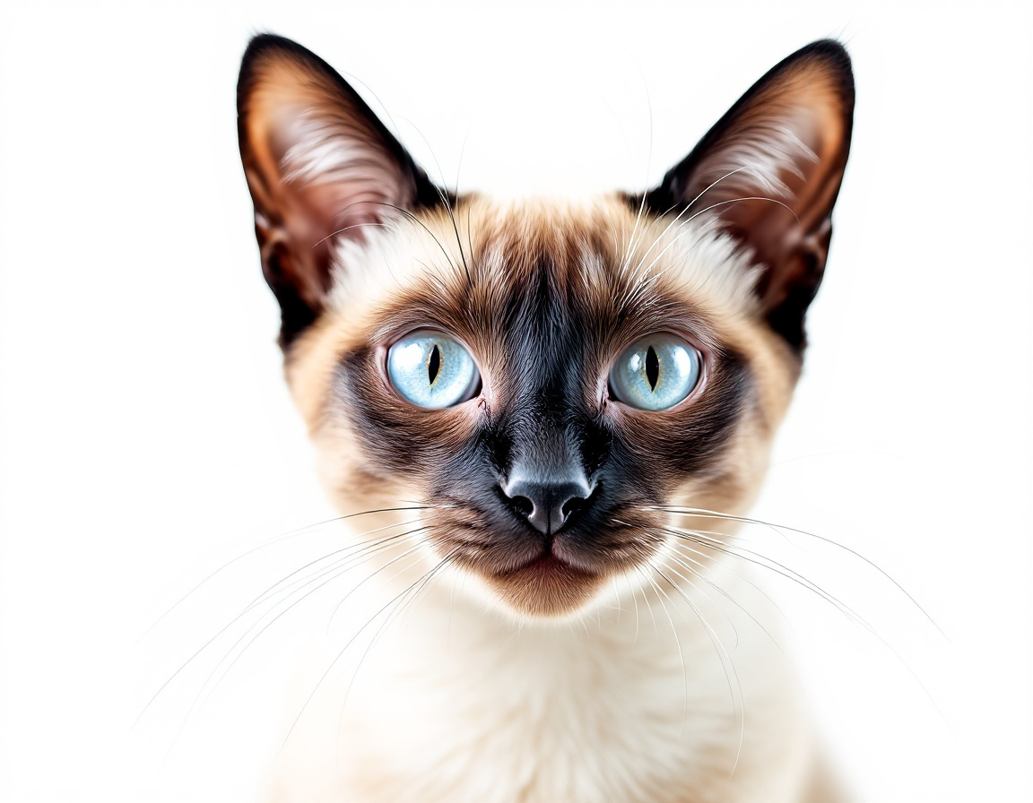 Close-up portrait of cat on a white background, with its alert expression and intricate details of its fur and whiskers in sharp focus.
